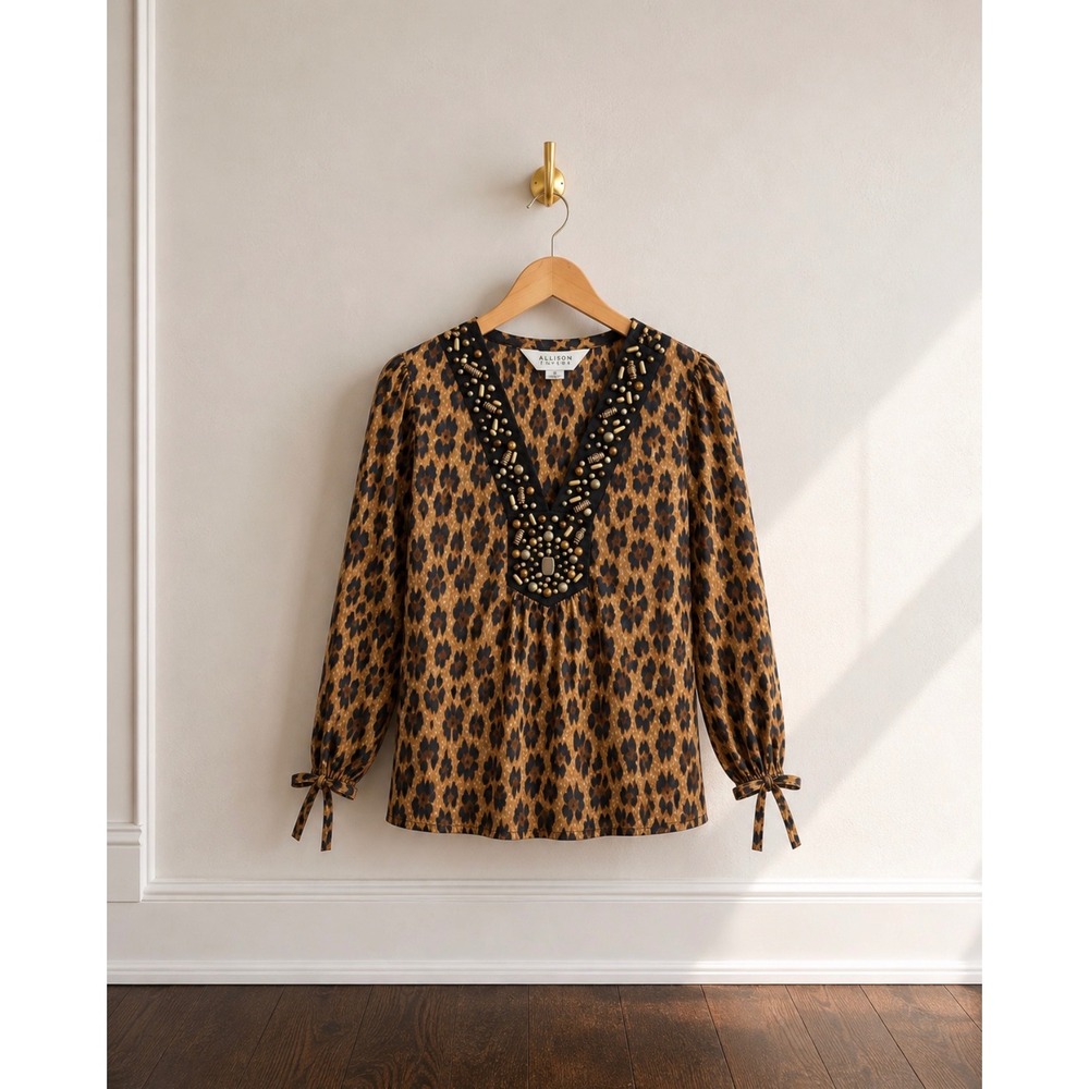 Allison Taylor Leopard Print Beaded V-Neck Cotton Blouse Brown Tan Medium
